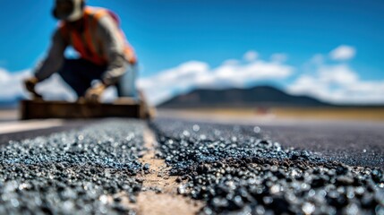 Medium shot of a worker spreading gravel evenly on a remote airstrip with the foreground sharply focused and background blurred emphasizing maintenance activity.