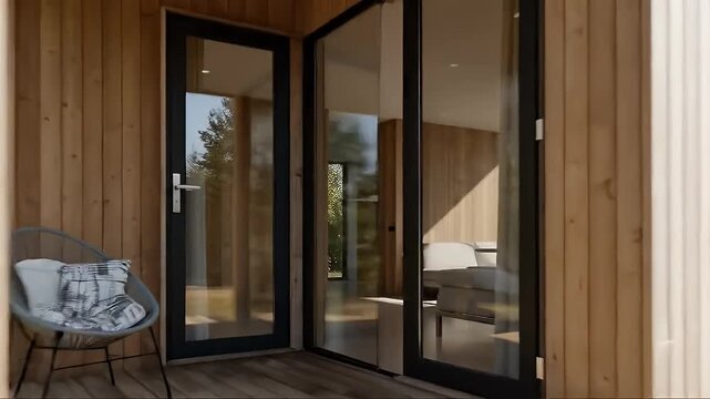 Modern Wooden Cabin in a Serene Forest Setting with Minimalist Design and Large Windows.