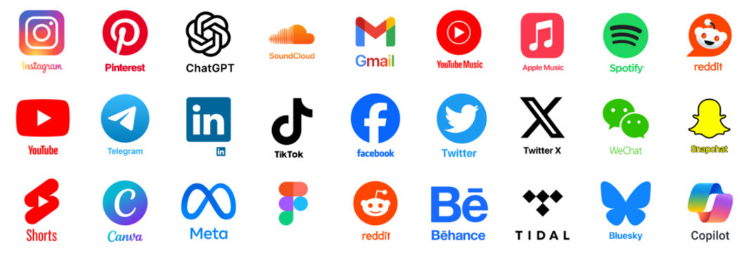 Social Media & Music App Logos Set &ndash; Instagram, YouTube, TikTok, Facebook, Twitter X, LinkedIn, Telegram, Spotify, Apple Music, Gmail, Snapchat, Reddit, Pinterest UI Icons Collection