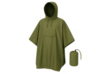 Olive green hooded waterproof poncho with packable bag