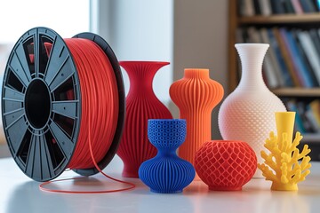 a vibrant display of 3d printed objects showcases various forms and colors including vases and coral with filament spools high quality
