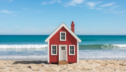 a charming miniature red house stands prominently on a sandy beach with a serene ocean backdrop creating a peaceful coastal scene