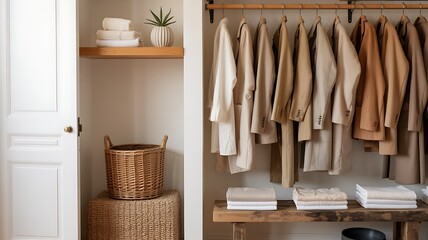 A neatly organized closet displays a curated collection of neutral toned clothes stacked linens and decorative elements creating a calming aesthetic