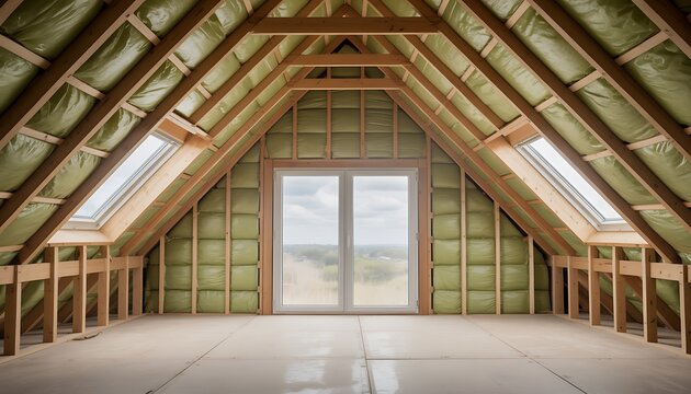An empty attic space reveals wooden rafters green insulation skylights and a doorway offering a glimpse of the outdoor landscape