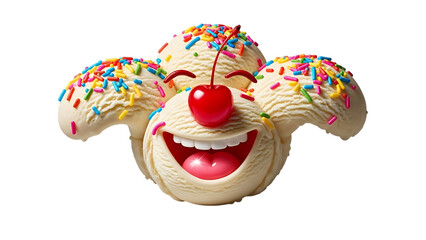 Delightful ice cream face with cherries and sprinkles isolated on transparent background