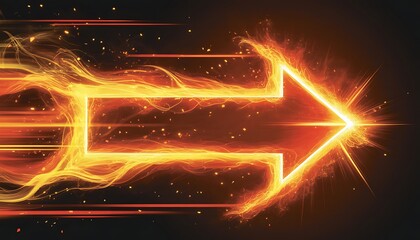 A dynamic fiery arrow shape bursts forward with intense energy rendered in vibrant orange and yellow flames against a dark background
