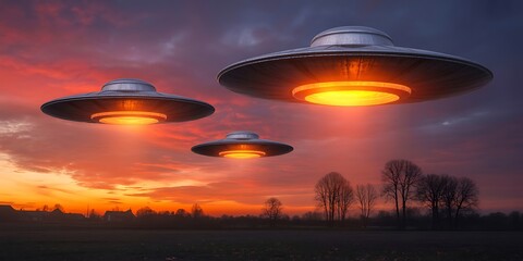 A vibrant sunset illuminates the sky as unidentified flying objects soar above a silhouetted landscape creating a surreal scene high quality