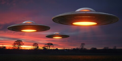 three illuminated unidentified flying objects soar across a vibrant colorful sunset sky silhouetting distant trees below high quality professional detailed modern