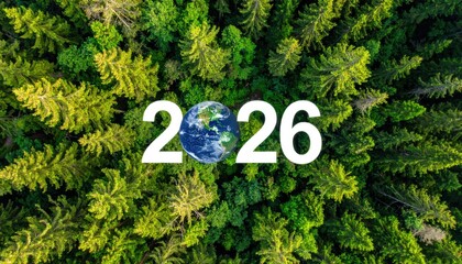 Aerial view of green forest with 2026 and Earth icon for environmental awareness, sustainability goals, and climate change action, happy new year and environment day, carbon reduction to net zero