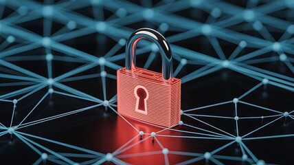 A vibrant red padlock rests securely upon a glowing network of interconnected blue lines symbolizing digital security and data protection concepts