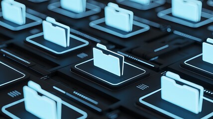 A futuristic depiction of glowing blue folder icons arranged on a dark structured grid symbolizing data organization and digital networks