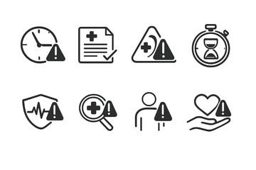 Health and alert icons set. containing clock, document, warning, stopwatch, shield, magnifying glass, user, heart.