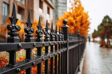Decorative black iron fence along a wet city sidewalk with vibrant autumn foliage and blurred buildings in the background on an overcast day