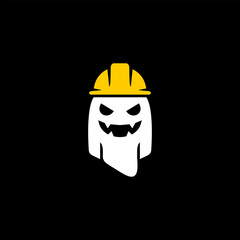 Minimalist ghost mascot wearing yellow construction helmet on black background, spooky yet playful character design 