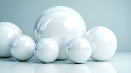 A collection of glossy white spheres in various sizes, arranged on a soft backdrop, creating a serene and minimalist atmosphere that evokes tranquility and simplicity.