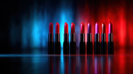 An array of vibrant lipsticks lined up, showcasing a spectrum of colors, capturing the essence of beauty and self-expression, appealing to makeup enthusiasts and fashion lovers alike.