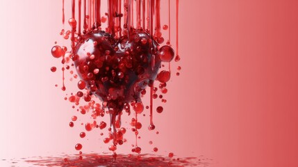 This captivating image features a heart shape oozing red liquid, symbolizing love and passion, while also exploring an abstract representation of emotions and human connections.