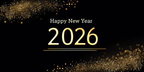 Happy New Year 2026 Gold Text Effect with Fireworks Stars and Confetti on Festive Celebration Background - Holiday Party Design Template