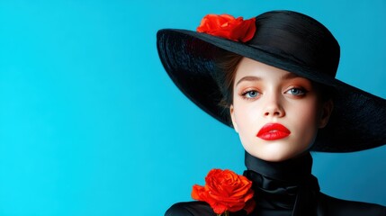 A striking portrait of a model wearing a large black hat adorned with bright red flowers, showcasing confidence and a unique sense of style against a vibrant blue backdrop.