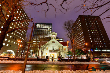 Sapporo Clock Tower Made from a wooden structure in Winter the most popular for tourism. Historical building at Sapporo, Hokkaido, Japan.