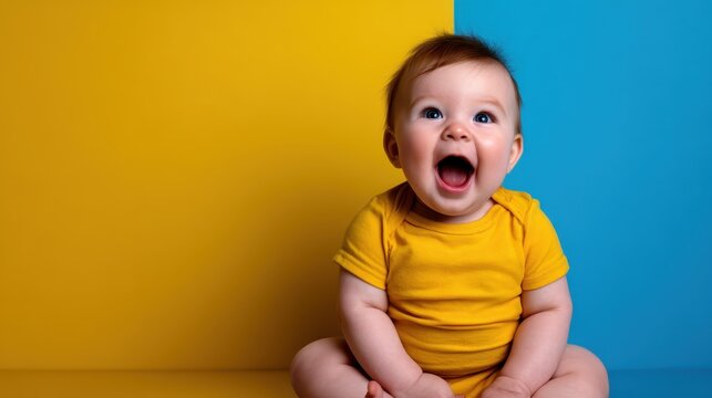 An adorable baby in a yellow outfit beams with joy while sitting between bright blue and yellow backgrounds, radiating happiness and innocence in a playful atmosphere.