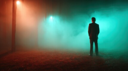 Fototapeta premium This intriguing image captures a solitary figure standing in a foggy landscape illuminated by contrasting orange and teal lights, evoking emotions of mystery and contemplation.