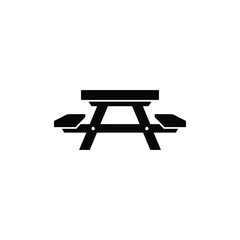 A simple black silhouette icon of a classic picnic table with attached benches
