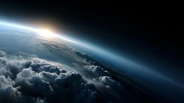 view of planet Earth seen from outer space, with a detailed curved horizon illuminated by soft natural sunlight. The image showcases realistic cloud
