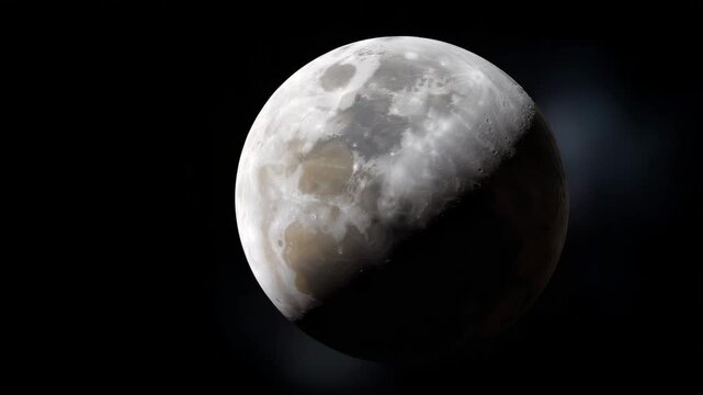full Moon isolated against a deep black background. The lunar surface is clearly visible with high contrast, showing craters, maria