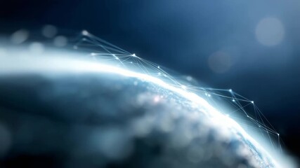 4k futuristic global network visualization showing a curved section of the Earth formed by glowing nodes and interconnected lines. Bright blue light pulses across the - Powered by Adobe