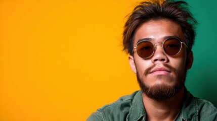 Fototapeta premium A fashionable young man sports trendy sunglasses against a vibrant background, showcasing a modern style that speaks to individuality and confidence in urban fashion.