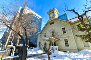 Sapporo Clock Tower Made from a wooden structure in Winter the most popular for tourism. Historical building at Sapporo, Hokkaido, Japan.
