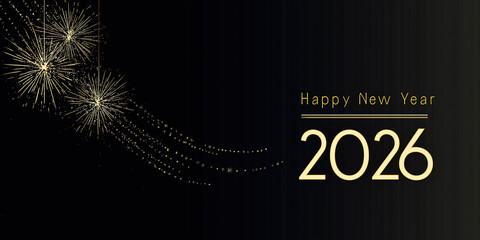 Happy New Year 2026 Gold Text Effect with Fireworks Stars and Confetti on Festive Celebration Background - Holiday Party Design Template
