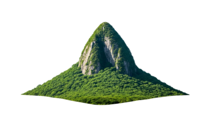 A serene mountain peak covered in lush green vegetation rises majestically against a clear sky in a natural landscape setting.