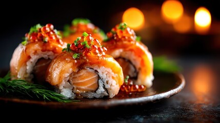 A beautifully arranged plate of sushi topped with salmon and fish roe, garnished with herbs, capturing the exquisite art of Japanese cuisine and culinary presentation.