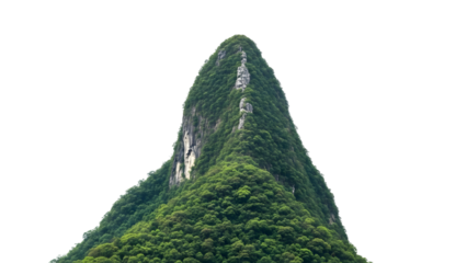 Aerial view of a lush green mountain peak surrounded by dense foliage in a natural landscape