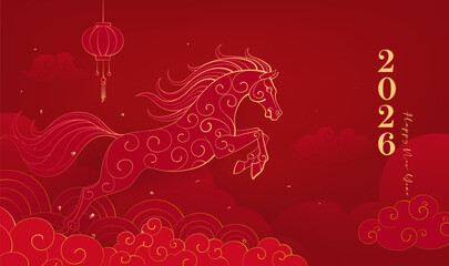 New Year's celebration banner linear layers feel Year of the horse illustration