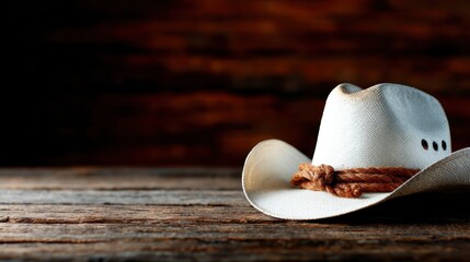 A stylish cowboy hat resting gracefully on a rustic wooden surface, emphasizing western culture and the timeless allure of cowboy aesthetics in a harmonious setting.