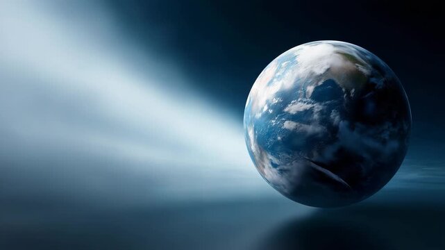 3D rendering of a blue planet floating in deep space, viewed from above with visible continents, oceans, and atmospheric clouds forming a circular motion around the glob
