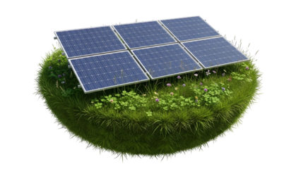 Renewable energy solar panels installed on a lush green grassy terrain with vibrant plants surrounding them