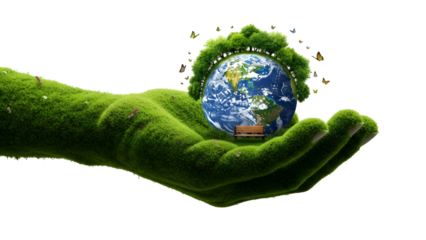 A hand holding the earth with greenery surrounding it