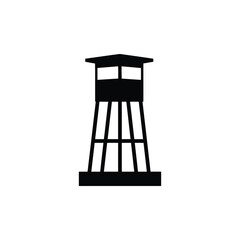 A black silhouette icon illustration of a high military watchtower or prison guard post