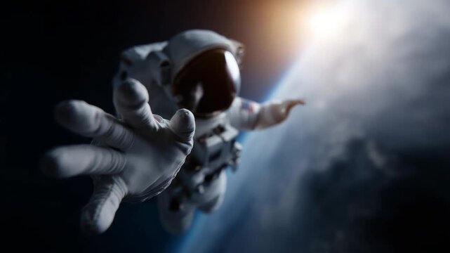 an astronaut floating in outer space, reaching forward with an outstretched gloved hand toward the viewer, symbolizing exploration