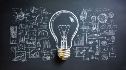 Light bulb concept with detailed chalk sketches of graphs, charts, and scientific formulas surrounding innovation and creative brainstorming on blackboard background
