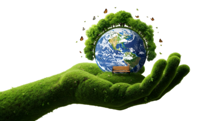 Hand holding the earth with lush greenery surrounding it, symbolizing environmental conservation and sustainability
