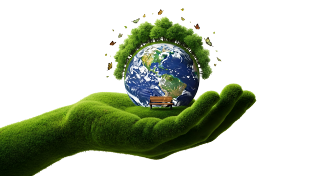Hand holding a green Earth with trees and leaves surrounding it, symbolizing environmental conservation and sustainability - Powered by Adobe