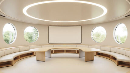 A modern, minimalist conference room with a white curved wall design and circular windows.