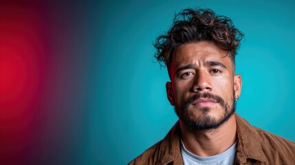 A serious-looking man with curly hair and a rugged appearance stares intently into the distance, highlighted against a gradient teal and red backdrop, evoking deep thoughts.