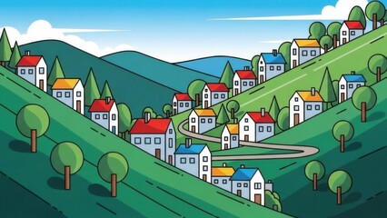 Fototapeta premium A vibrant cartoon village nestled among rolling green hills under a bright blue sky with charming