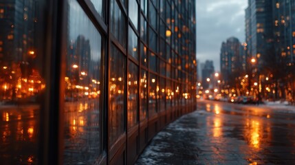 Fototapeta premium The enchanting reflections of city lights on tall glass buildings create a mesmerizing urban landscape, showcasing the beauty of architectural design at twilight.